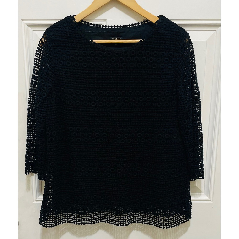 Talbots Petites Black Crochet Lace Top Blouse 3/4 Sleeve Elegant